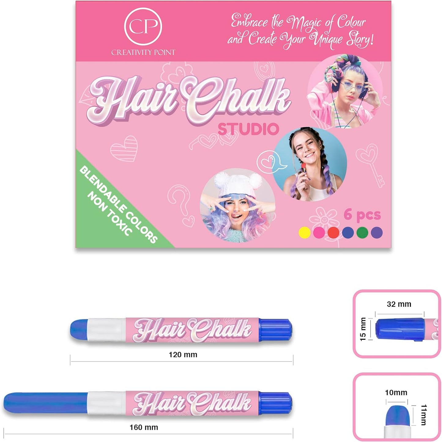 Hair Chalk Gift for Girls - 6 Pens Temporary Non-Toxic Easy Washable Hair Dye Colorful, Pens, Gift Birthday Party Girls, Multicolour