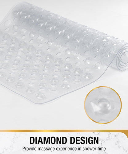 HITSLAM Bath Mat Non Slip Anti Mould, 89 x 40 cm Long Non Slip Shower Mat for Inside Shower, Machine Washable Bathroom Bathtub Mat with Strong Suction Cups and Drain Holes, Soft on Feet, Clear