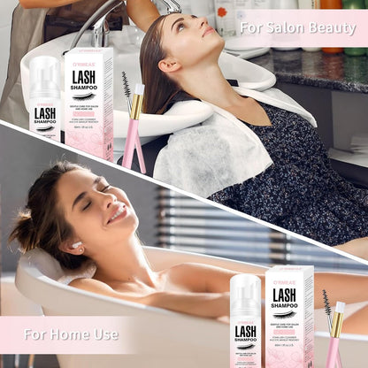 Lash Shampoo, 60ml + Foam + Wand + Brush, Lash Remover, Eyelash Remover for Extensions, Eyelash Shampoo Foam Bath, Deep Makeup Remover, for Home or Salon Use