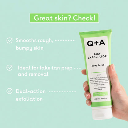Q+A AHA Exfoliator Body Scrub (250ml), Exfoliating Body Scrub with AHA and Lactic &amp; Glycolic Acid, Smooths Rough Dry Skin, Brightens &amp; Hydrates, Vanilla &amp; Coconut Scent