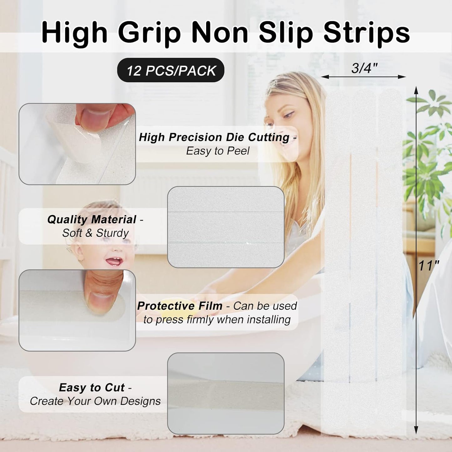 S&amp;X Non Slip Shower Stickers, 2cm x 28cm, 12 Strips Longer Anti Slip Bath Stickers - Fine Grit High Grip Surface, Clear