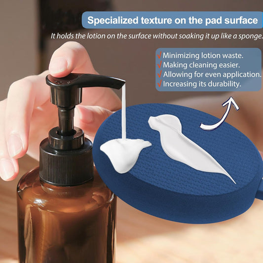 Lotion Applicator for Back, Feet &amp; Legs with Long Plastic Handle, Back Moisturizer Cream, Self Tanning, Sunscreen, Ointment, Medicine Applicator for Elderly, Men or Women with 3 Washable Pads (Blue)