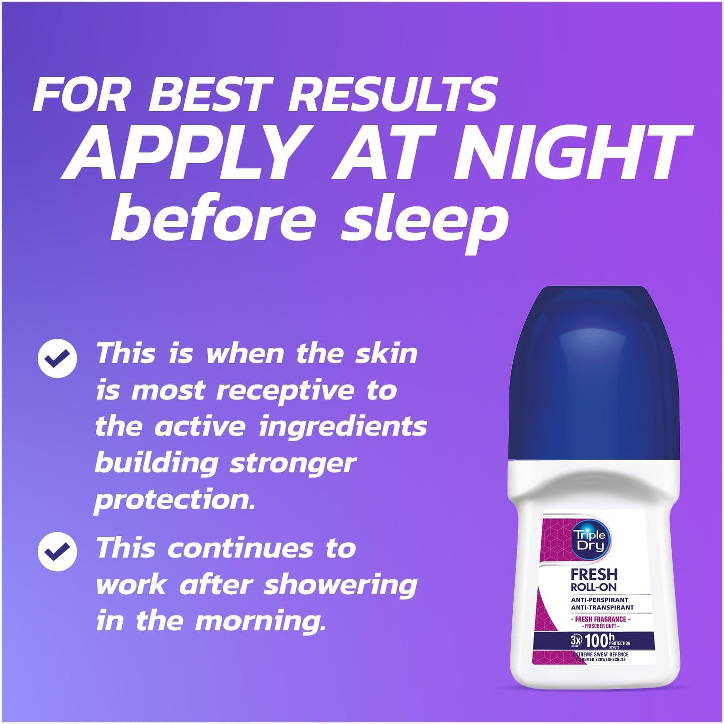 Triple Dry Women | Fresh Fragrance Anti-Perspirant Roll On 50ml | 100-Hour Protection Against Excessive Sweating | Fights Odour | Triple Active Formula | Clinically Proven | Female
