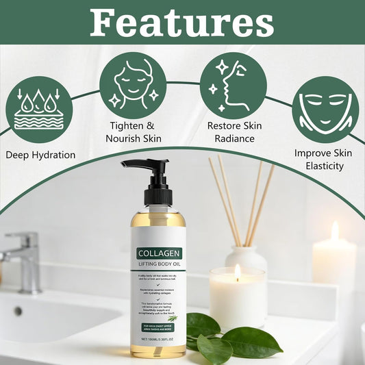 Collagen Lifting Body Oil, Collagen Oil For Skin Tightening, Collagen Hydrating Body Oil with Rosemary, Firming Body Oils for Neck Chest Arms Legs Stomach, Moisturizes &amp; Smoother Skin 100ml