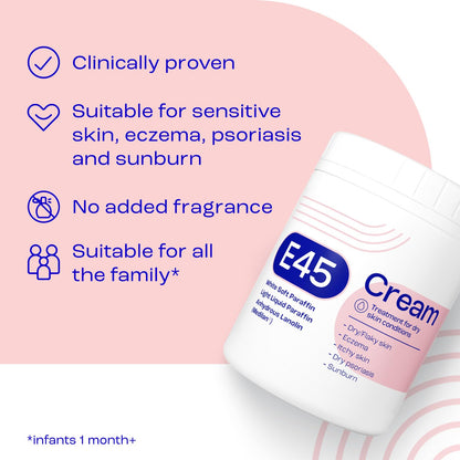 E45 Moisturiser, Body, Face And Hand Cream For Dry, Flaky Skin, Suitable For Eczema, Dry Psoriasis, Sunburn, 500g Tub