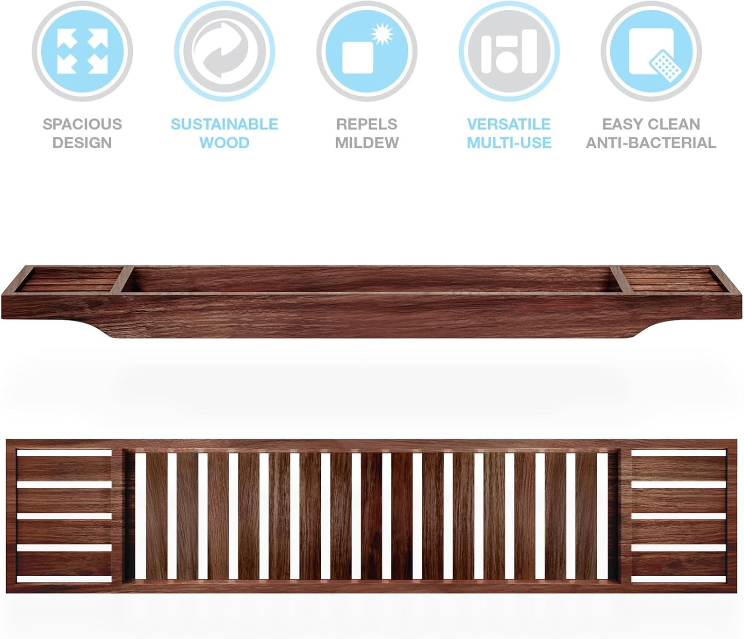 woodluv Slimline Acacia Wood Bathtub Caddy Tray Bridge Wooden Bath Rack Bathroom Accessory Bath Shelf Over Tub Bathroom Board Storage Shelf Tidy Relax Organiser, 70 x 14.5 x 7.5 cm - Natural