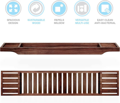 woodluv Slimline Acacia Wood Bathtub Caddy Tray Bridge Wooden Bath Rack Bathroom Accessory Bath Shelf Over Tub Bathroom Board Storage Shelf Tidy Relax Organiser, 70 x 14.5 x 7.5 cm - Natural