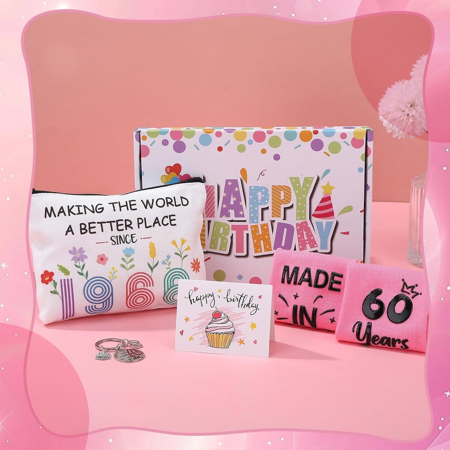 ViEinkaufen 60th Birthday Gifts for Women 1966 Makeup Bag Socks,Keyring | 60 Years Birthday Gift for Her Thank You Present for Mum Auntie Grandma Wife Friends Teacher