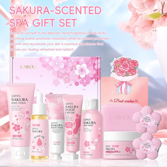 LAIKOU Sakura Bath Gift Set, Pamper Gifts for Women, Body Lotion Body Wash Scrub Hand Cream and More, Unique Self Care Package, Mothers Day Christmas Birthday Gift Ideas for Her Friend Sister Mum Wife