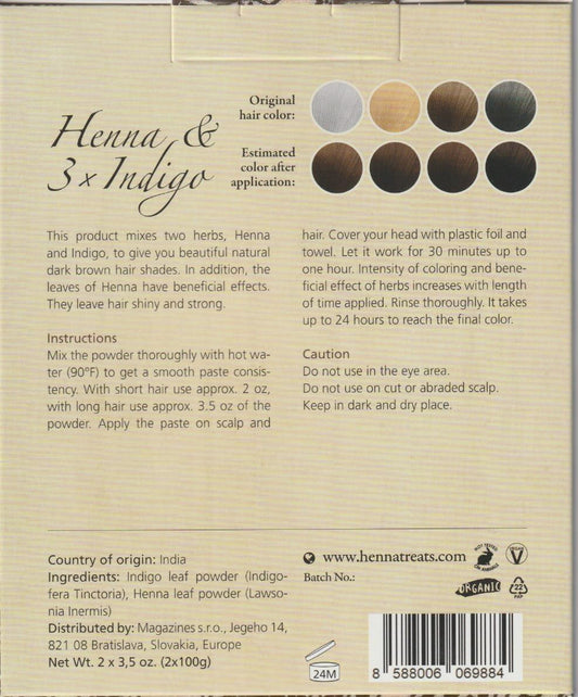 Henna &amp; 3xIndigo Powder - Dark Brown Hair Dye - Fresh &amp; Pure Organic - 200g - Indian Natural Hair Care