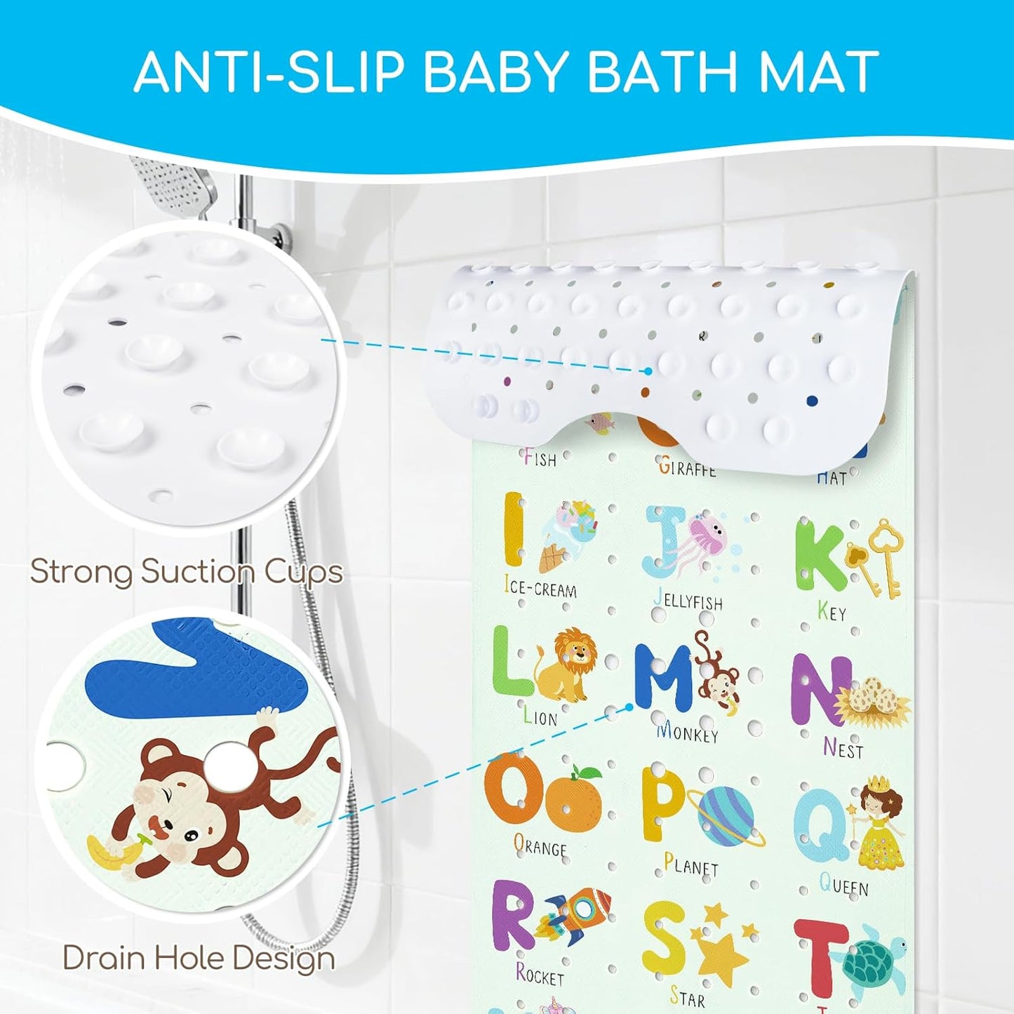 Baby Bath Mat Non Slip for Tub, 100 * 40cm Long Bathroom Bathtub Mat, Anti Slip Shower Mat with Suction Cups and Drain Holes, Alphabet