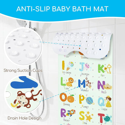 Baby Bath Mat Non Slip for Tub, 100 * 40cm Long Bathroom Bathtub Mat, Anti Slip Shower Mat with Suction Cups and Drain Holes, Alphabet
