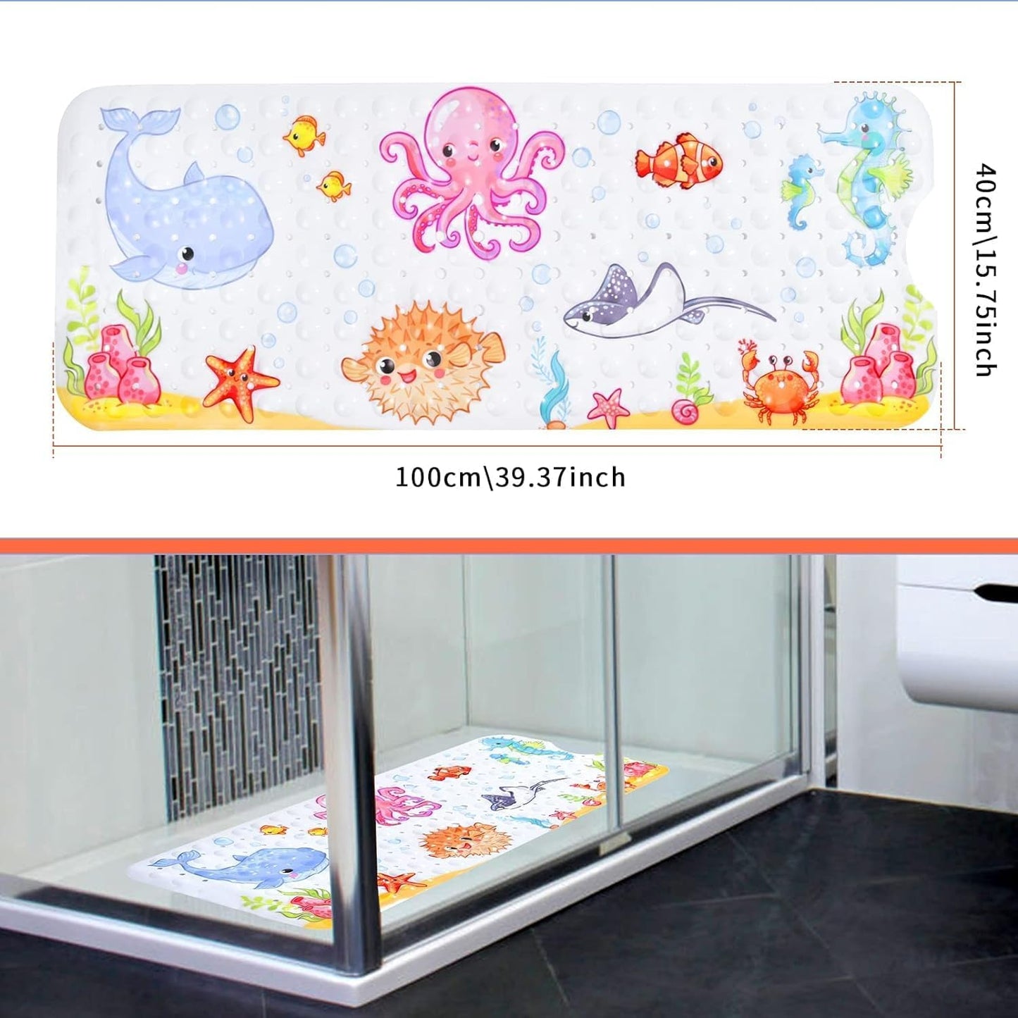 LATERN Bathtub Mat for Kid, 100CM x 40CM Extra Long Bath Tub Mat Anti Slip Shower Mat with Suction Cups and Drain Holes for Bathroom Wet Floor - Machine Washable (Octopus)
