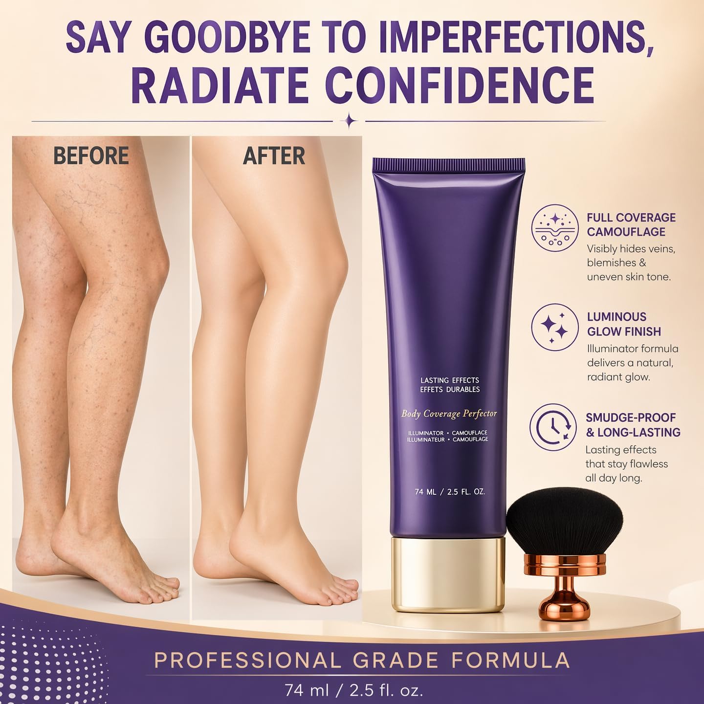 Body Coverage Perfector Waterproof, Leg Makeup Waterproof No Transfer, Tattoo Cover Up Full Coverage Concealer, Body Makeup Skin Tone Repair Cream with Brush, Body Concealer Long Lasting Mature Skin