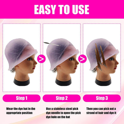 Hair Highlight Cap Kit, Reusable Silicone Highlighting Cap, Pre Punched with Holes, Silicone Highlight Caps for DIY Balayage and Streaking, Highlights Hair Dye Kit for Home Salon Use
