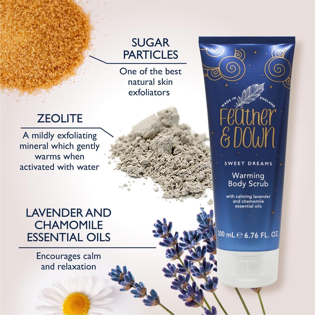Feather &amp; Down Warming Body Scrub (200ml) - With Calming Lavender &amp; Chamomile Essential Oils. Exfoliates &amp; Gently Warms Tired Muscles. Relieving Tensions from the day.