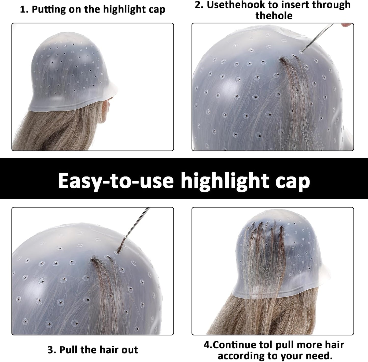 TIESOME Silicone Highlighting Cap with Needles &amp; Brushes, Reusable Punched Hair Cap for Salon &amp; Home Hair Coloring (with 3 Tools Set)