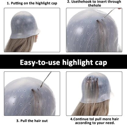 TIESOME Silicone Highlighting Cap with Needles &amp; Brushes, Reusable Punched Hair Cap for Salon &amp; Home Hair Coloring (with 3 Tools Set)