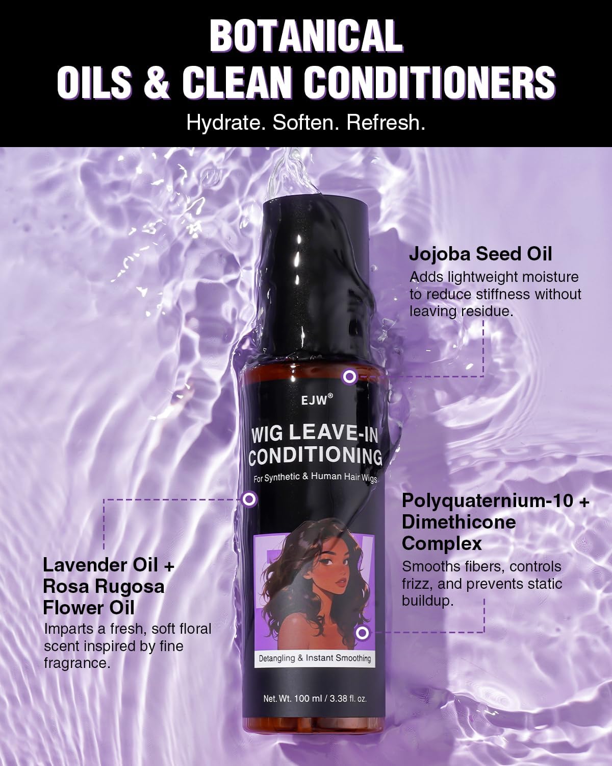 Wig Leave-in Conditioning Spray - Detangling &amp; Frizz Control for Synthetic &amp; Human Hair Wigs - Infused with Plant-Based Repair Complex, Jojoba Oil - No Rinse, Instant Softening, 100ml