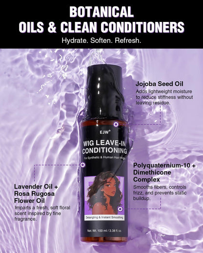 Wig Leave-in Conditioning Spray - Detangling &amp; Frizz Control for Synthetic &amp; Human Hair Wigs - Infused with Plant-Based Repair Complex, Jojoba Oil - No Rinse, Instant Softening, 100ml