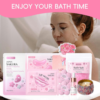 LAIKOU Sakura Pamper Gifts for Women, 8PCS Luxury Skincare Set, Face Serum, Masks, Scented Candle, Bath Bomb &amp; Salt, Unique Self Care Package, Mothers Day Birthday Gift for Her Friend Sister Mum Wife