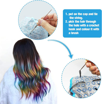 17 Pcs Hair Highlighting Kit, 6 Pcs Hair Disposable Frosting Cap Highlight Cap with 3 iron crochet hook, 2 Plastic Hooks, 2 Hair Dye Brushes Hair Dye Combs, 4 Hair Clips for Salon Home Dyeing Hair Use