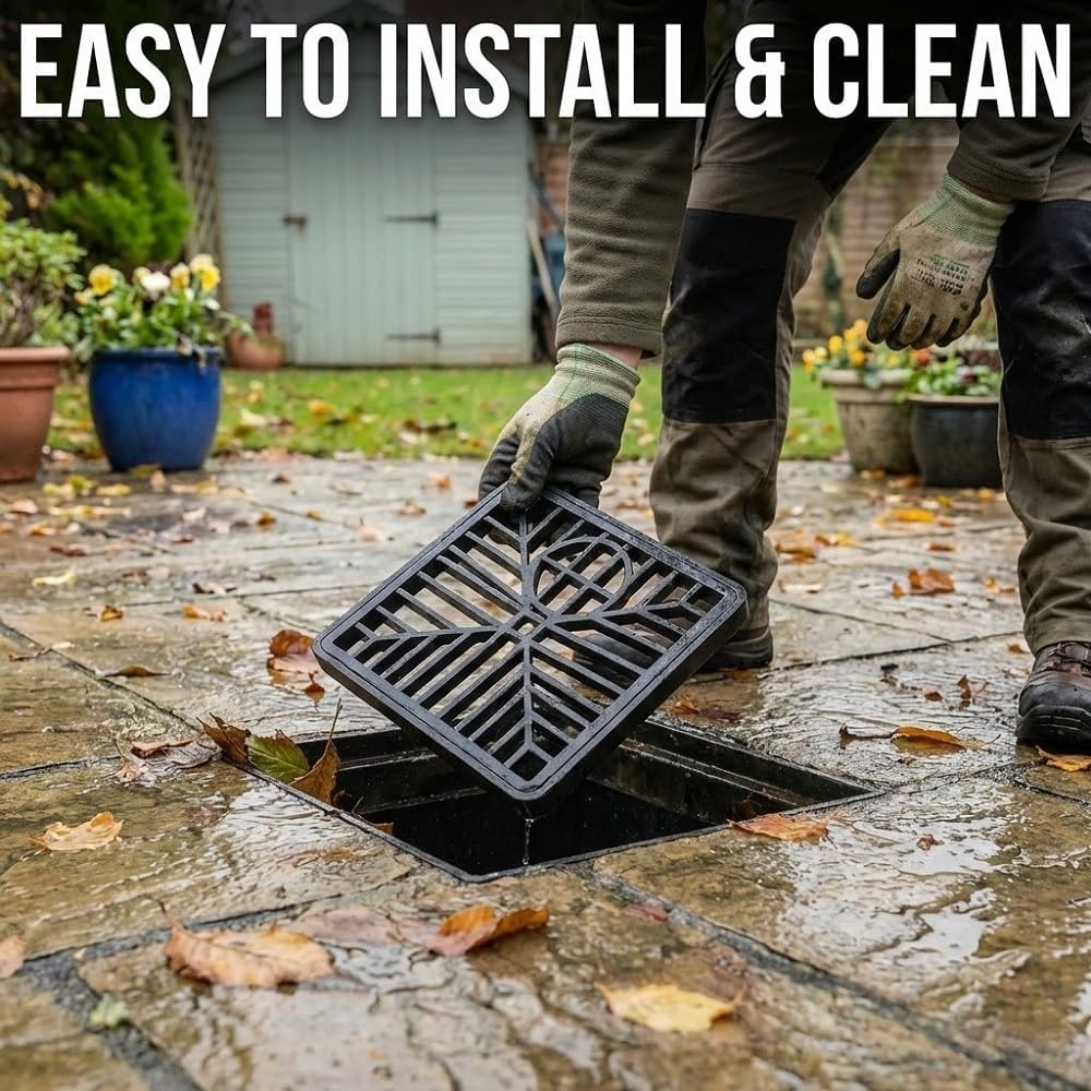 Square Outdoor Drain Cover 150mm x 150mm (6 x 6 in) Heavy Duty Drain Grate Cover for Gardens Patios Driveways Prevents Leaves and Debris Blocking Drainage Durable Weather Resistant for Outdoor Use
