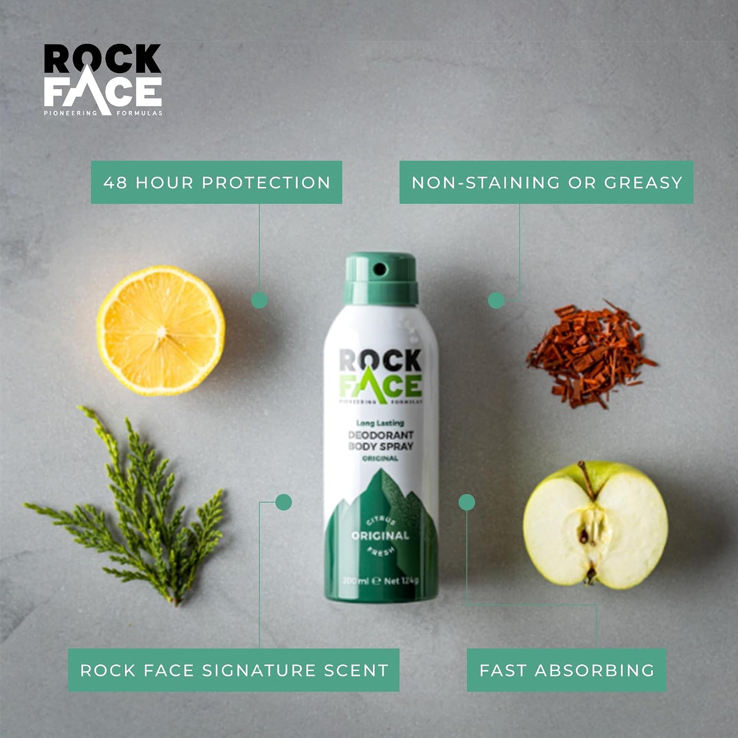 Rock Face Men's Body Spray - Original Fragrance Body Spray Deodorant for Men, 200ml, Fresh Citrus Scent, Long Lasting