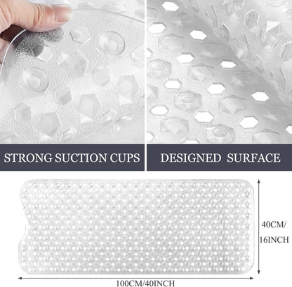 DOPROP Extra Long Anti-Slip Bathtub Mat - 100x40 cm Clear Bath Mat with Strong Suction Cups, Non-Slip Shower Floor Mat for Elderly, Children, Adults - Waterproof Safety Grip for Tub &amp; Bath