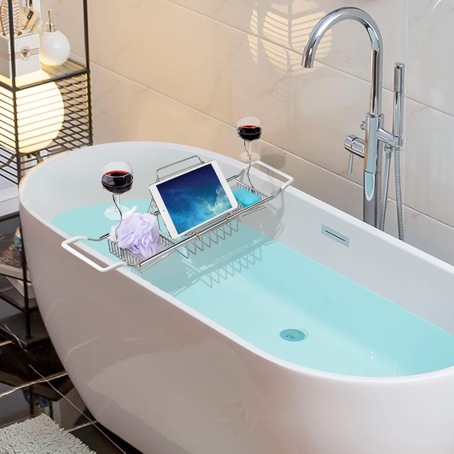 iPEGTOP Extendable Bathtub Caddy Tray - 304 Stainless Steel Over Bath Tub Racks Shower Organizer, with Removable Wine Glass Holders and Book Holder