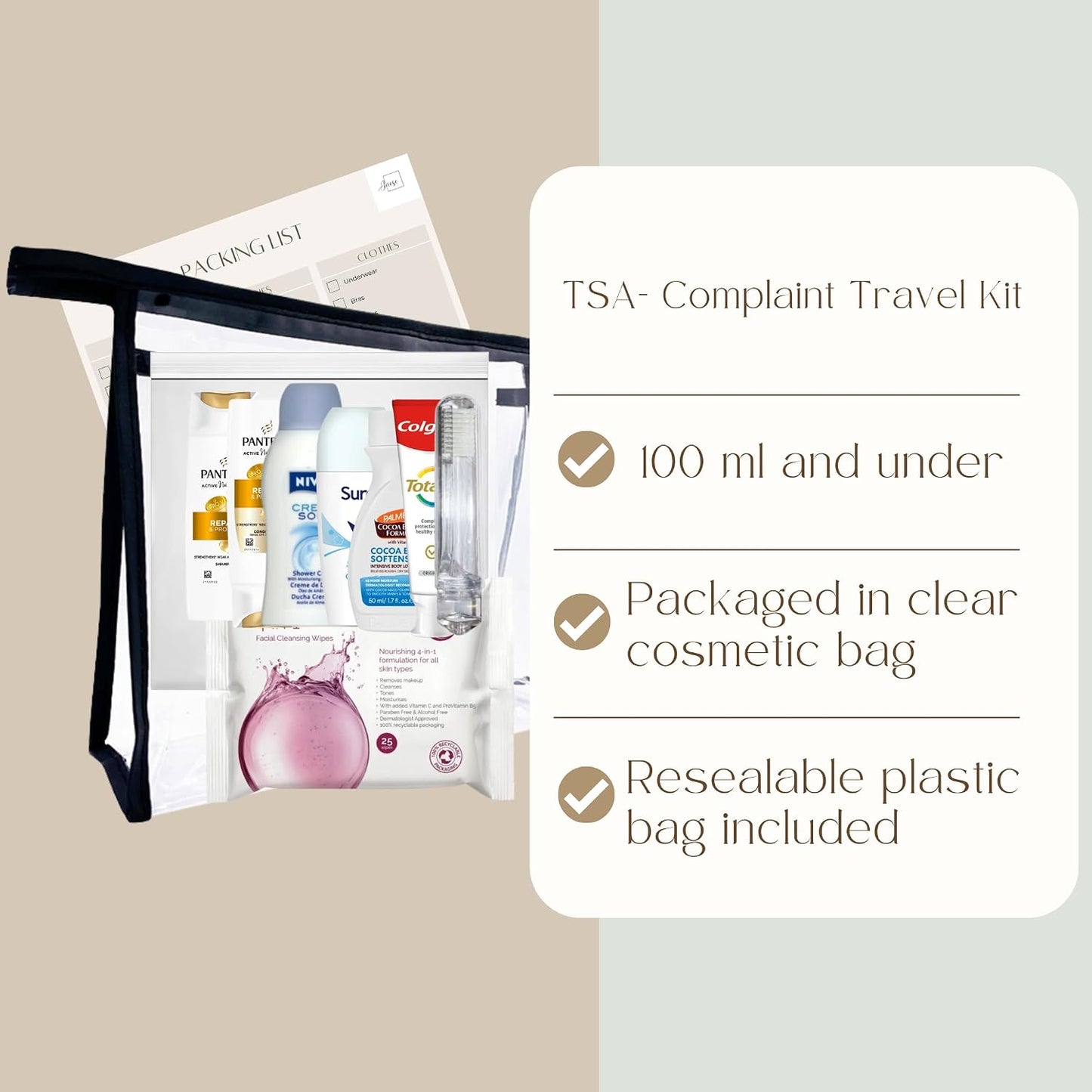 Women’s Mini Travel Toiletries Set – Travel Size Toiletries Under 100ml, Airport Security Approved Essentials with Clear Travel Bag for Holiday, Hospital, Maternity, Camping