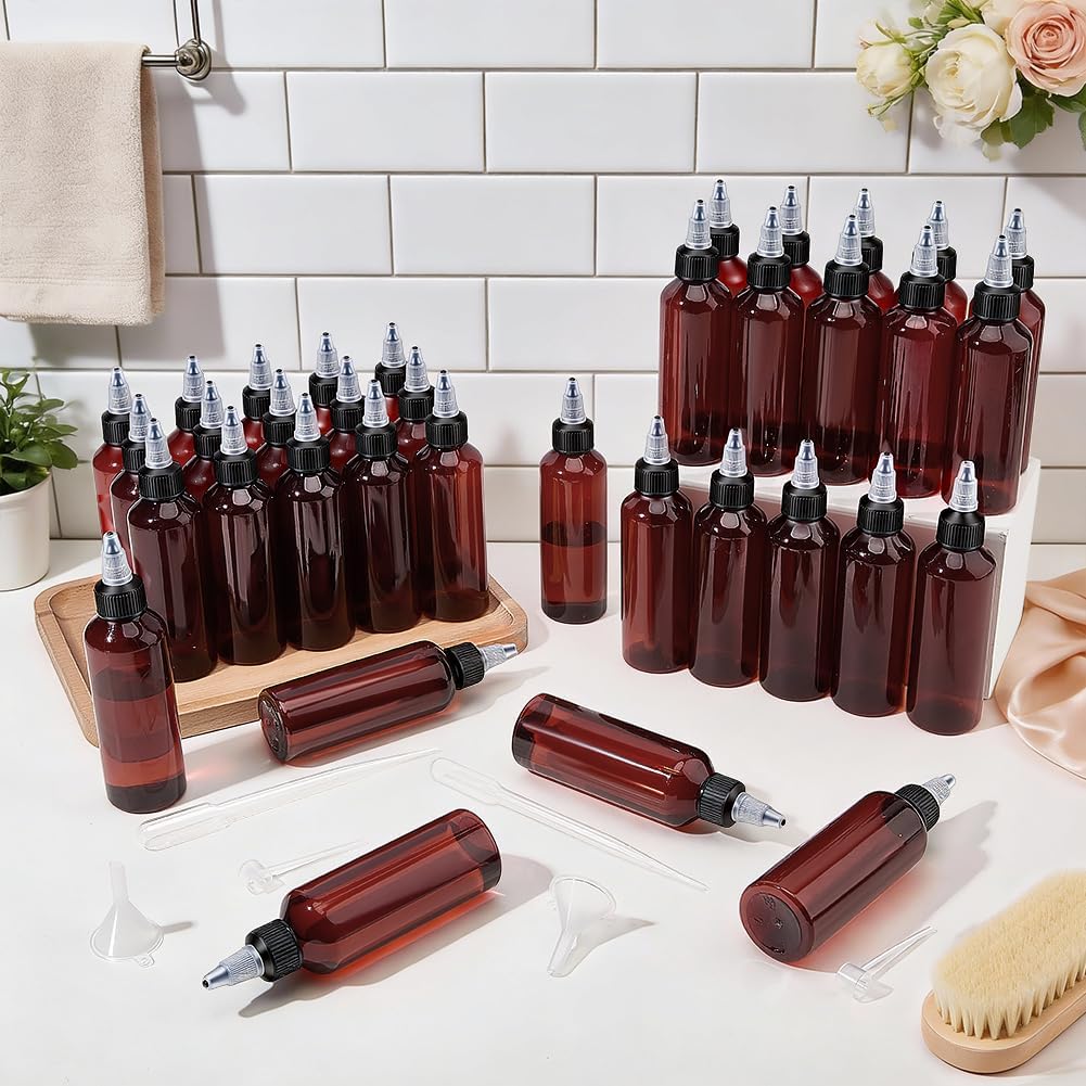 36Pcs 100ml Amber Plastic Squeeze Bottles with Nozzles | Empty Applicator Bottles with 10 Transfer Pipettes, 10 Funnels &amp; 10 Pumps for Shampoo Body Wash Lotion Sauce DIY Crafts