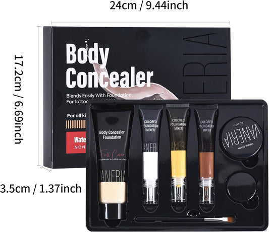 VANERIA Body Concealer Kit - Tattoo Cover Up Makeup, Waterproof &amp; Long - Lasting - Conceal Scars, Spots &amp; Vitiligo, Birthmarks - All Skin Tones