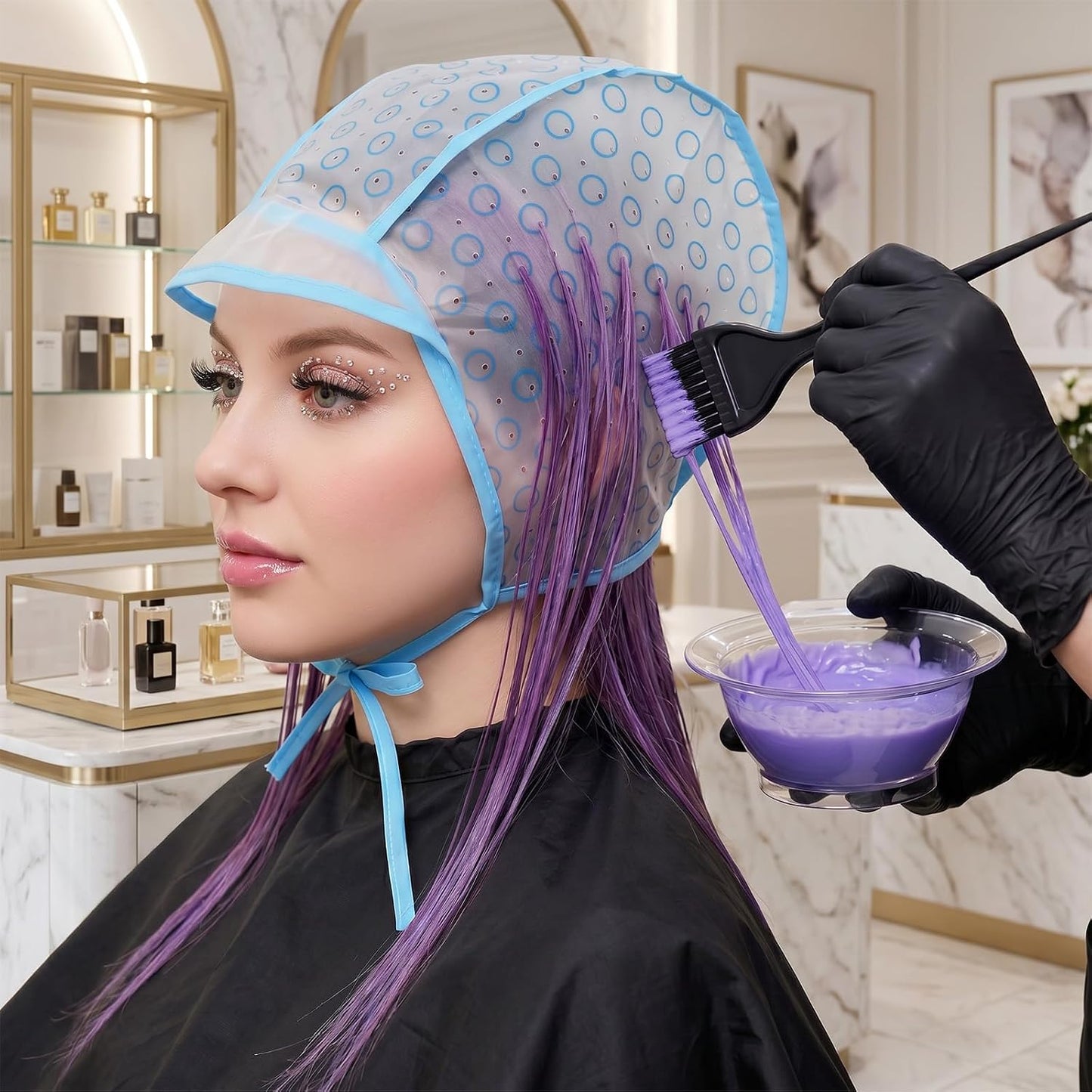 JJUNW 10 Pieces Highlighting Cap Hair Frosting Cap Highlight for Dye Color with 4 Pieces Plastic Hooks Hair Coloring Salon Hairdressing Tool Kit Supplies (Purple/Blue/Pink)