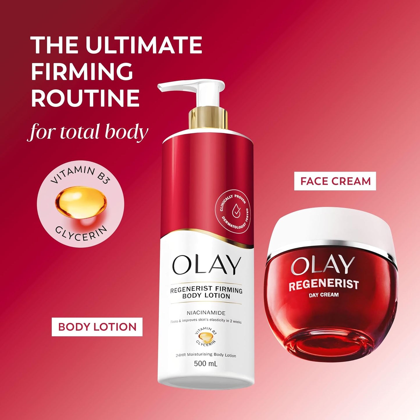 Olay Niacinamide Regenerist Body Lotion, 24HR Moisturising Cream for Full Body Skin Care, Defies Aging, with Niacinamide, Vitamin B5 B3, Glycerin, Smooth and Moisturised Skin, No Greasy Residue, 500ml