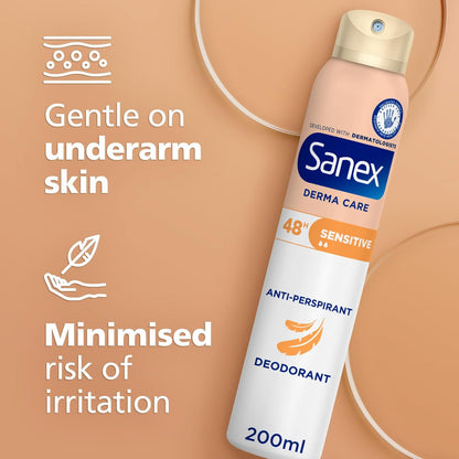 Sanex Derma Care Sensitive 48-Hour Antiperspirant Spray Deodorant 200ml – long-lasting freshness against sweat and odour – gently cares for skin – contains 0% alcohol*