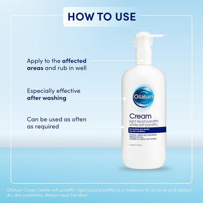 Oilatum Emollient Cream for Eczema, Psoriasis and Dry Skin Conditions, Soothing Formula for Sensitive Skin, Hydrating Relief for Itchy, Irritated Skin, Dermatologist Recommended, 1 x 500ml