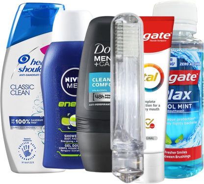 Men’s Travel Toiletries Set – Airport Approved Travel Size Toiletries Kit for Men, Overnight Essentials for Hospital, Camping &amp; Holidays, Clear Travel Bag