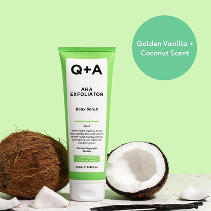 Q+A AHA Exfoliator Body Scrub (250ml), Exfoliating Body Scrub with AHA and Lactic &amp; Glycolic Acid, Smooths Rough Dry Skin, Brightens &amp; Hydrates, Vanilla &amp; Coconut Scent