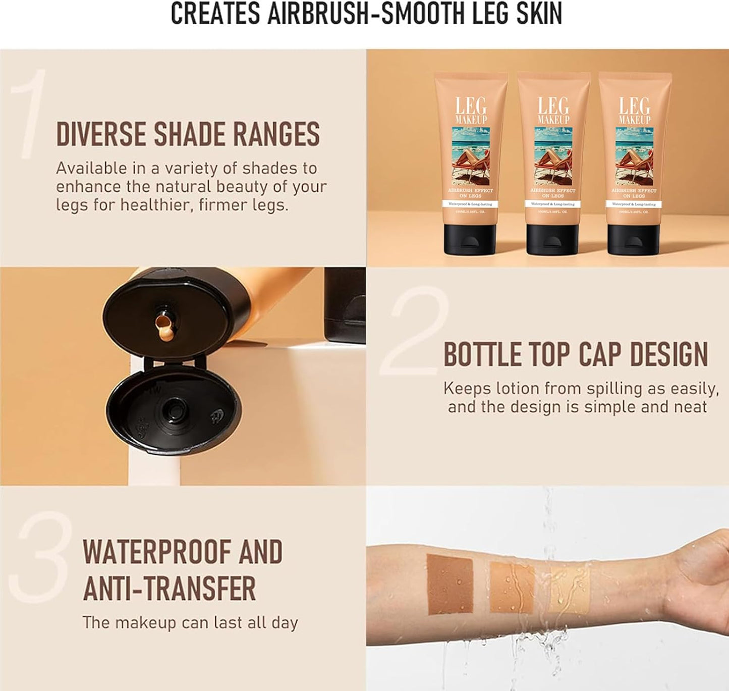 Waterproof Leg Makeup without Transfer with Extra Large Body Makeup Brush, Tattoo Cover for Varicose Veins/Scars, Skin Perfecting Body Foundation, Balances Skin (Medium Glow)
