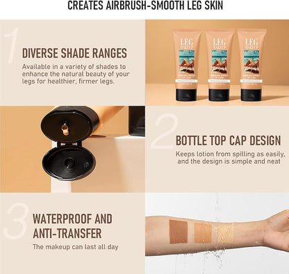 Waterproof Leg Makeup without Transfer with Extra Large Body Makeup Brush, Tattoo Cover for Varicose Veins/Scars, Skin Perfecting Body Foundation, Balances Skin (Medium Glow)