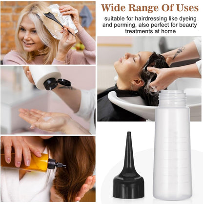 ULTECHNOVO Hair Applicator Bottle 5 oz, Oil Dispenser Squeeze Container 20cm 1Pcs, Clear Measurement Scale Graduated Bottle, Angled Tip Scalp Mechanism for Daily Salon Home Treatment