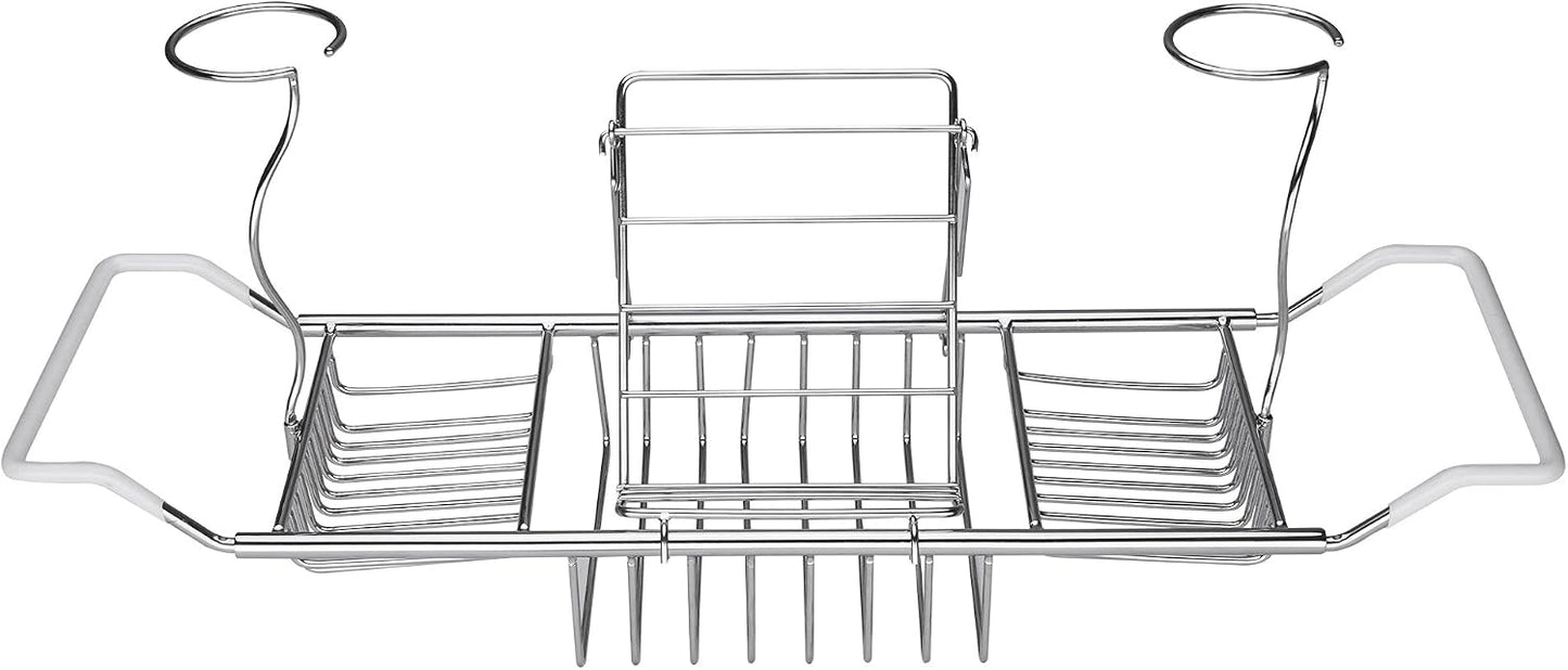 iPEGTOP Extendable Bathtub Caddy Tray - 304 Stainless Steel Over Bath Tub Racks Shower Organizer, with Removable Wine Glass Holders and Book Holder