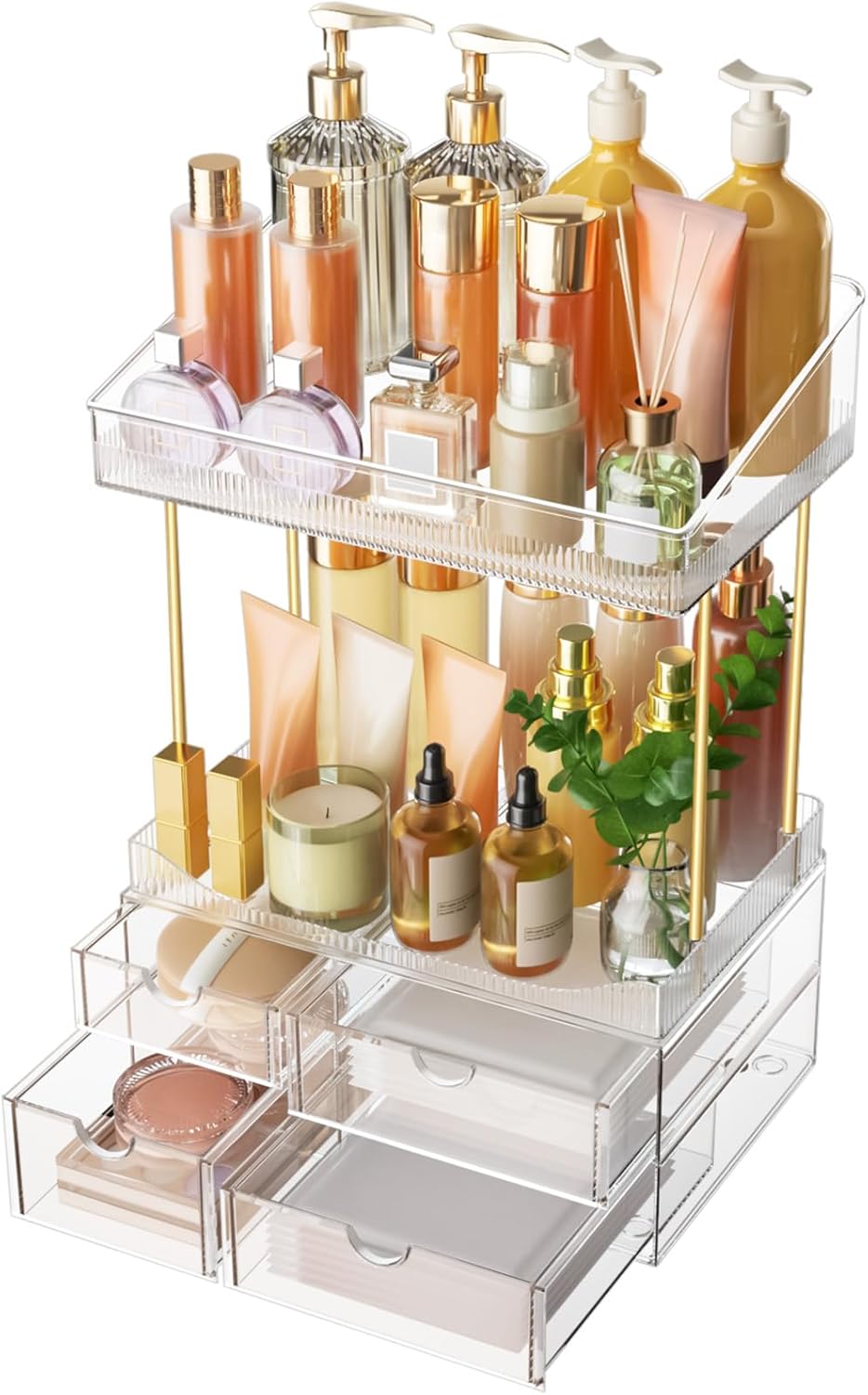 Makeup Organiser - Upgraded Transparent Perfume Organiser with 2 Shelves &amp; 4 Drawer, Make up Storage Non-Slip Design, Skincare Drawer Organisers for Bathroom/Bedroom/Kitchen/Vanity, Clear