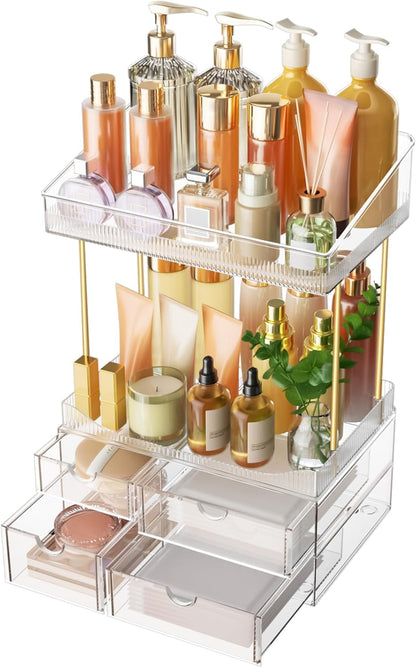 Makeup Organiser - Upgraded Transparent Perfume Organiser with 2 Shelves &amp; 4 Drawer, Make up Storage Non-Slip Design, Skincare Drawer Organisers for Bathroom/Bedroom/Kitchen/Vanity, Clear