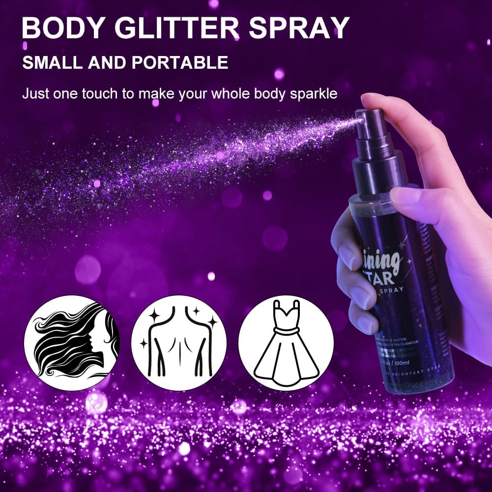 LOPHE Glitter Spray, Body Face Hair Glitter for Women, Sparkle Shimmer Shiny Powder, Holographic Spray, Quick Dry Hairspray for Makeup Festival Carnival, Purple