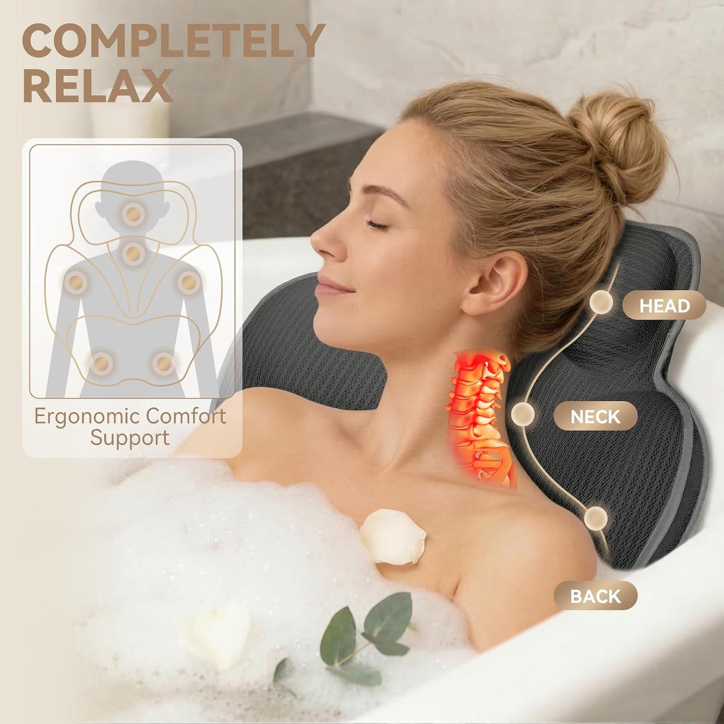 Poemland Bath Pillow for Tub - Luxury Bath Pillow for Neck, Head &amp; Back Support, Soft 5D Mesh Quick Dry Fabric, 54 Non-Slip Suction Cups, Bathing Accessories &amp; Spa Gifts for Women, Grey