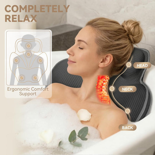 Poemland Bath Pillow for Tub - Luxury Bath Pillow for Neck, Head &amp; Back Support, Soft 5D Mesh Quick Dry Fabric, 54 Non-Slip Suction Cups, Bathing Accessories &amp; Spa Gifts for Women, Grey