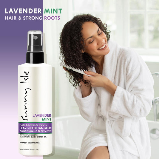 Sunny Isle Lavender Mint Hair &amp; Strong Roots Leave-In Detangler Conditioner 8oz, Jamaican Black Castor Oil &amp; Biotin, Detangling Spray for Breakage, Frizz, Dry Hair &amp; Shine