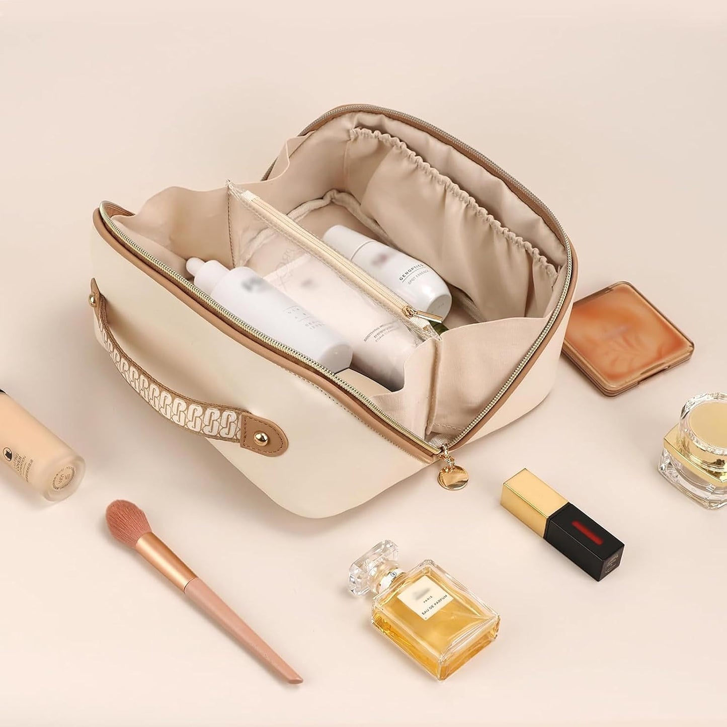Prite Large Capacity Makeup Bag Portable Travel Cosmetic Bag Waterproof Toiletry Case with Clear Divider and Handle
